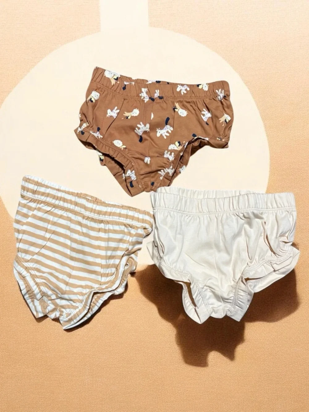 Amazon Essentials 3-Pack Baby Bloomers in Cream, Tan Stripe & Brown Lamb Print